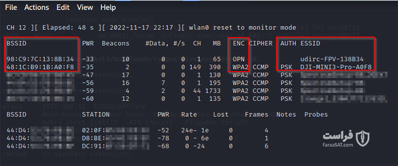 شکل 6 - نتیجه اجرای Airodump-ng wlan0، شناسایی شبکه‌های وای‌فای فعال، آدرس مک پهپاد (BSSID) و الزامات مختلف برای احراز هویت